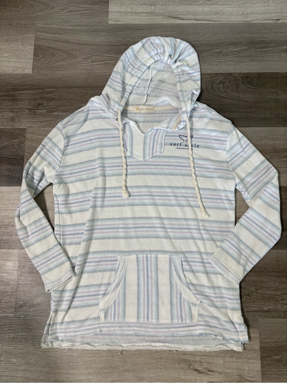 Ocean Drive Striped Hooded Pullover - Cream, Light Blue, Lavender
